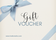 Gift voucher with a blue bow on a light background, featuring the brand Trudermal
