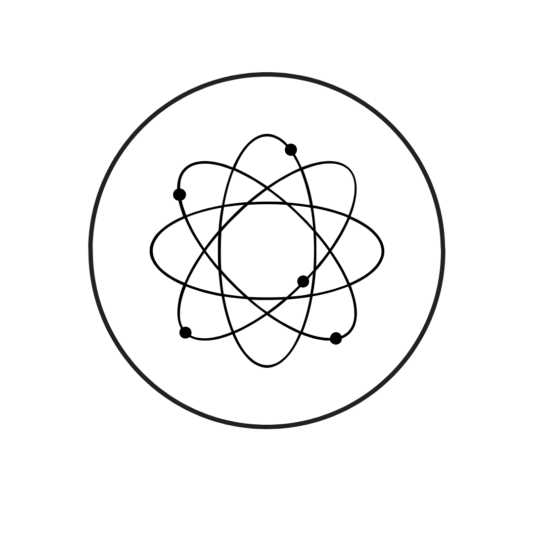 Simplified atomic model with concentric circles and dots on a white background